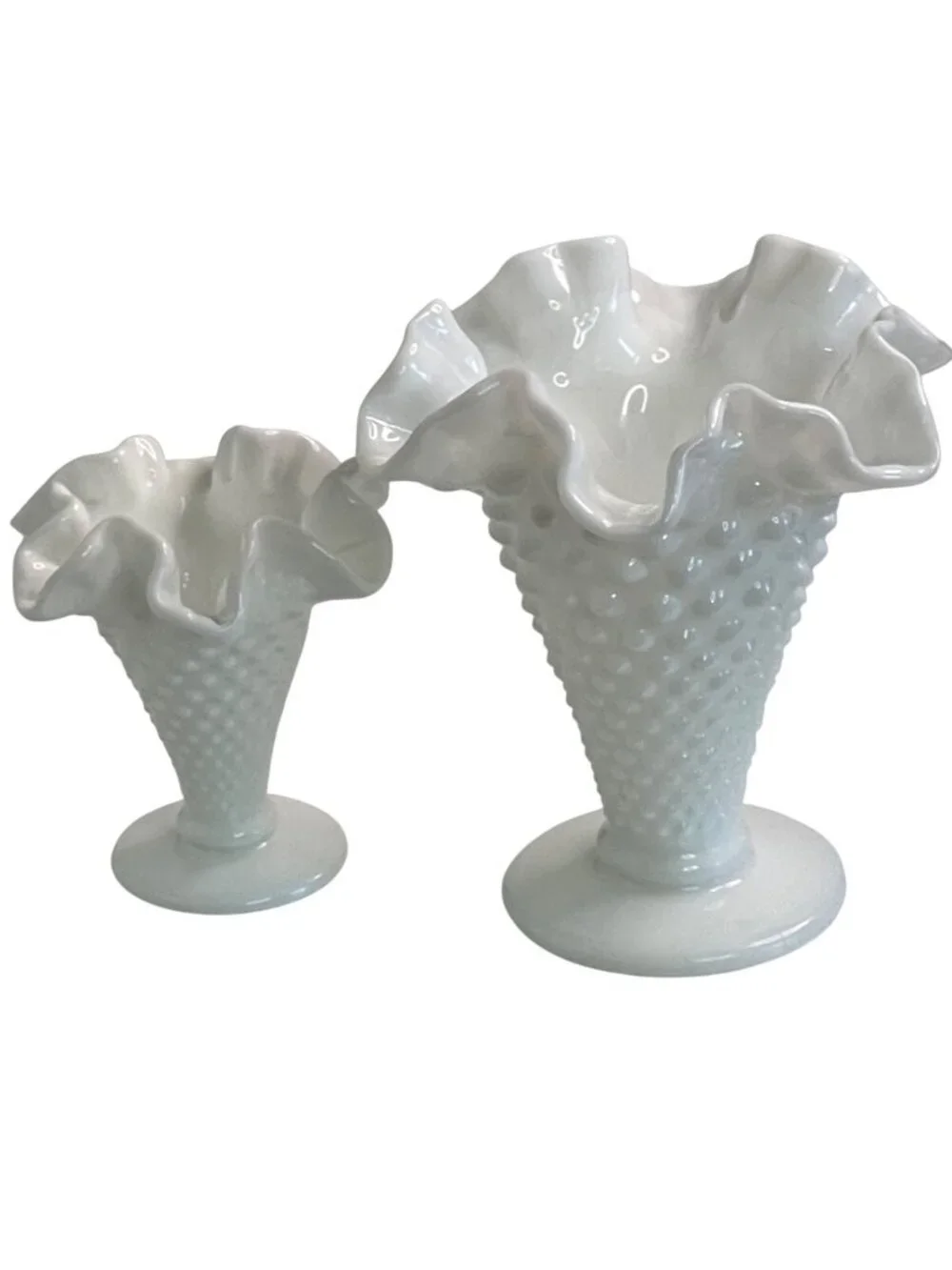 Vintage Fenton White Milk Glass Hobnail Trumpet Vase Set 5.5